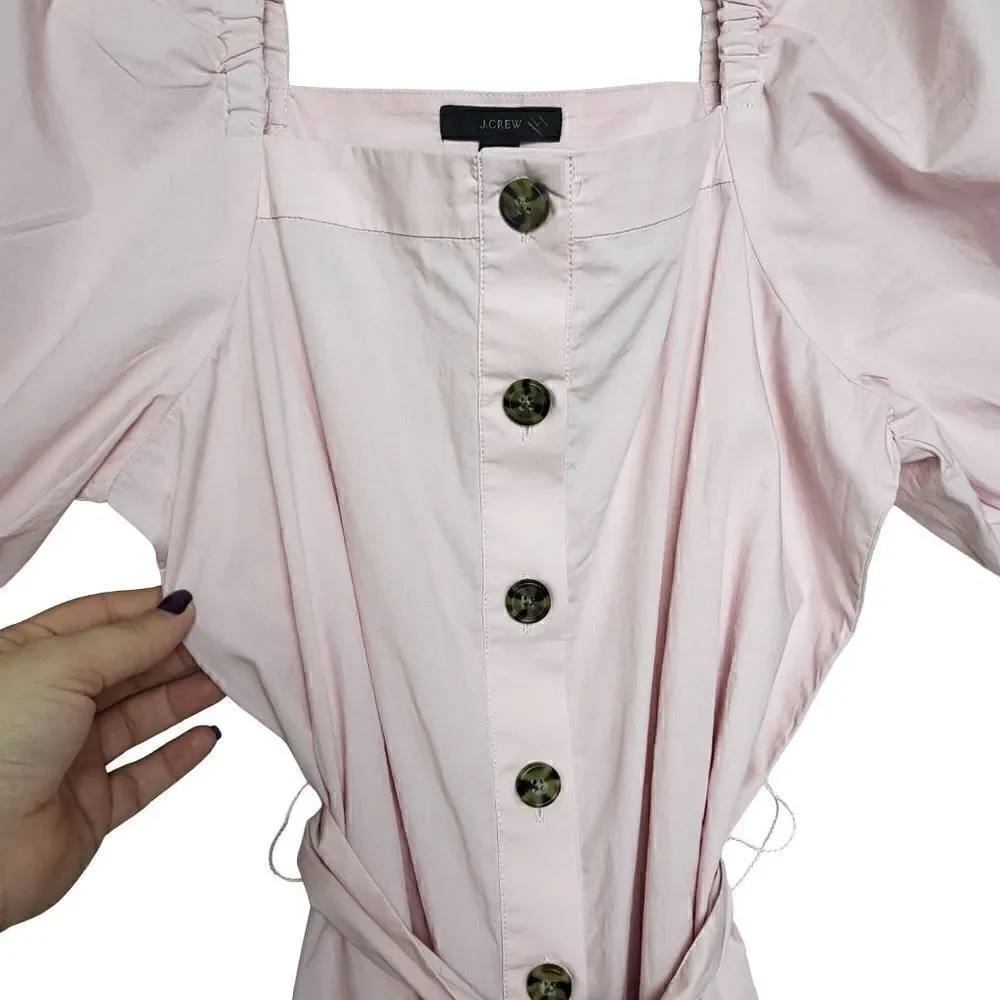 J.Crew Cottage Pink Puff Sleeves Midi Button Up Belted Dress Size XS